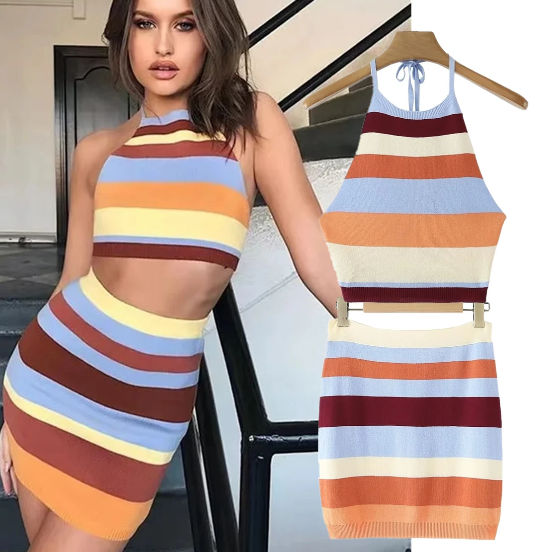 

Maxdutti Ins блогеры, высокая Уличная Сексуальная Холтер, полосатая короткая трикотажная Мини-юбка, наборы, женские топы