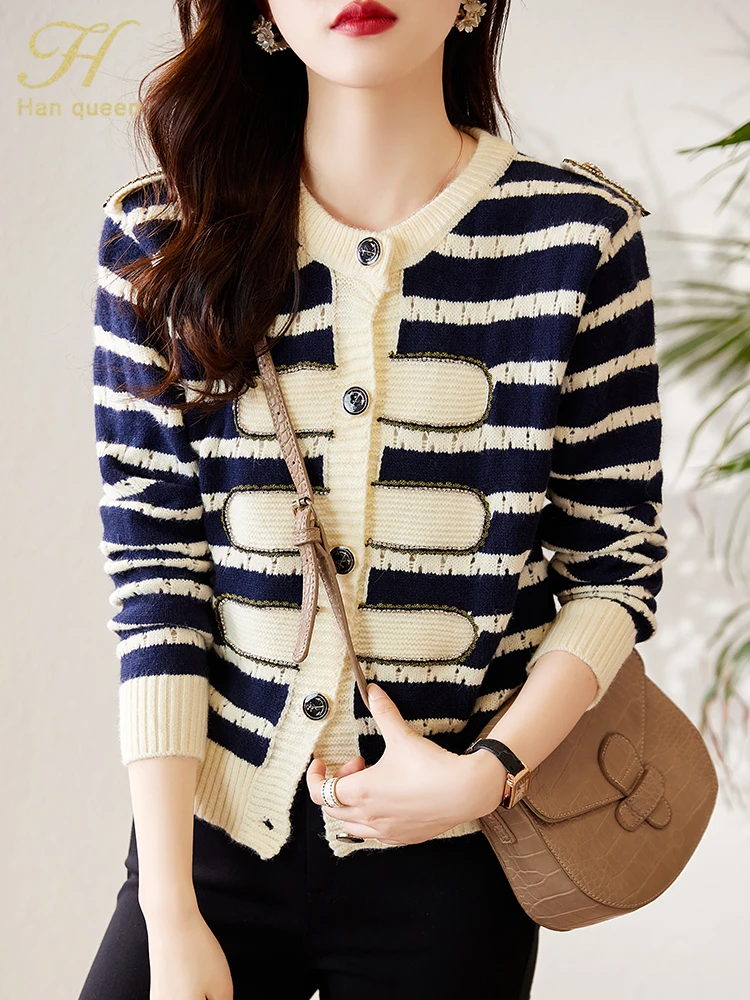 

H Han Queen 2022 Autumn Winter Knitted Coats Cardigan Sweater Womens Tops Basic Single-Breasted French Vintage Stripes Cardigans
