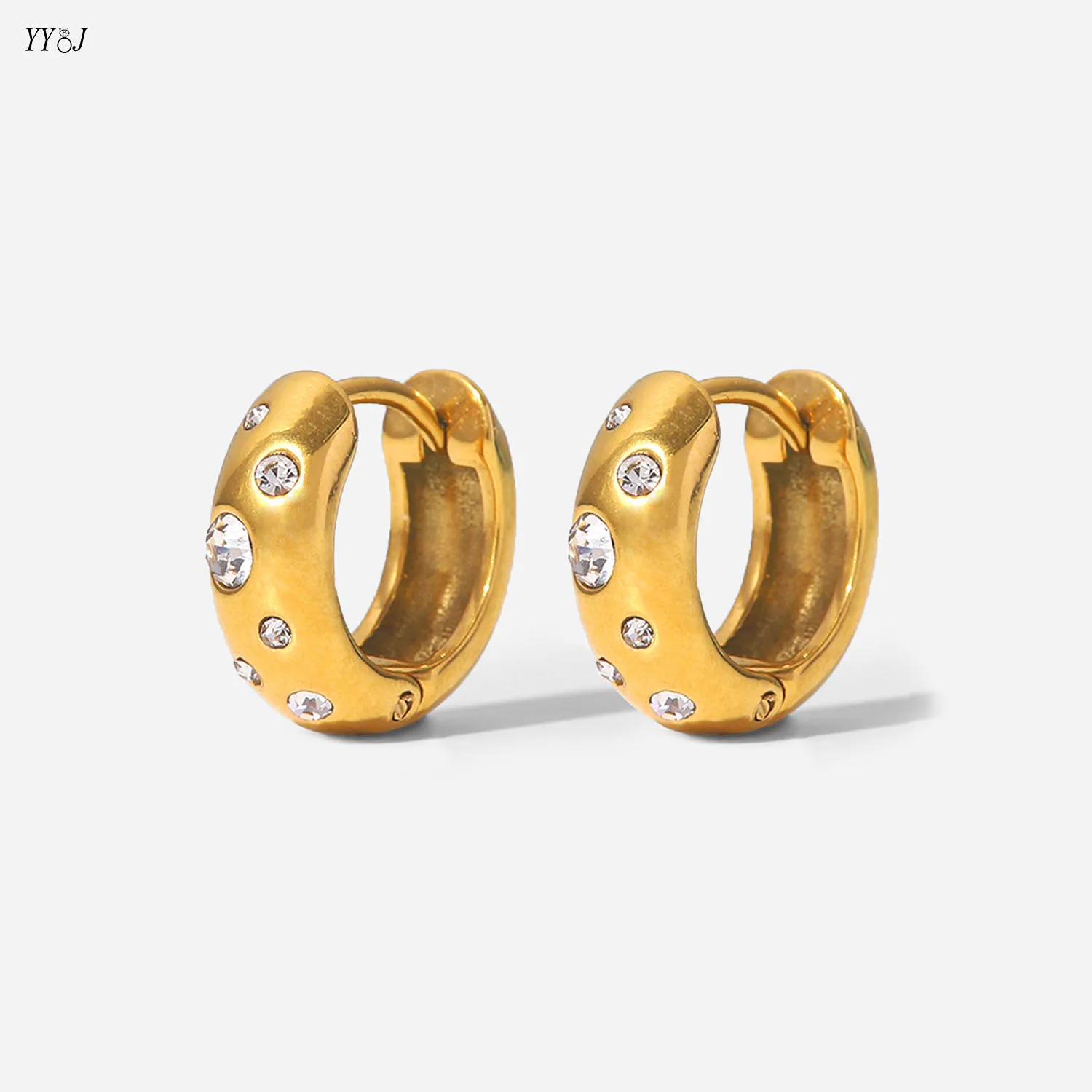 

Серьги-кольца женские толстые из нержавеющей стали золотого цвета с фианитом