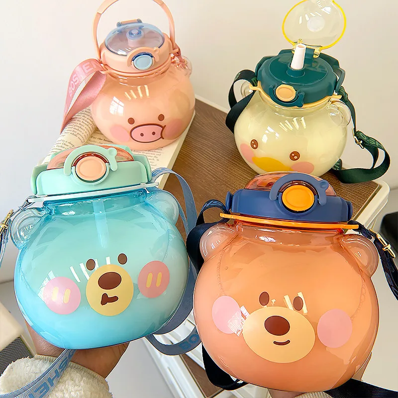

Cup Net Red Children's Big Belly Straw Cup With Strap Portable Outdoor Plastic Kettle Student Oblique Cross Bear Drinking Cup