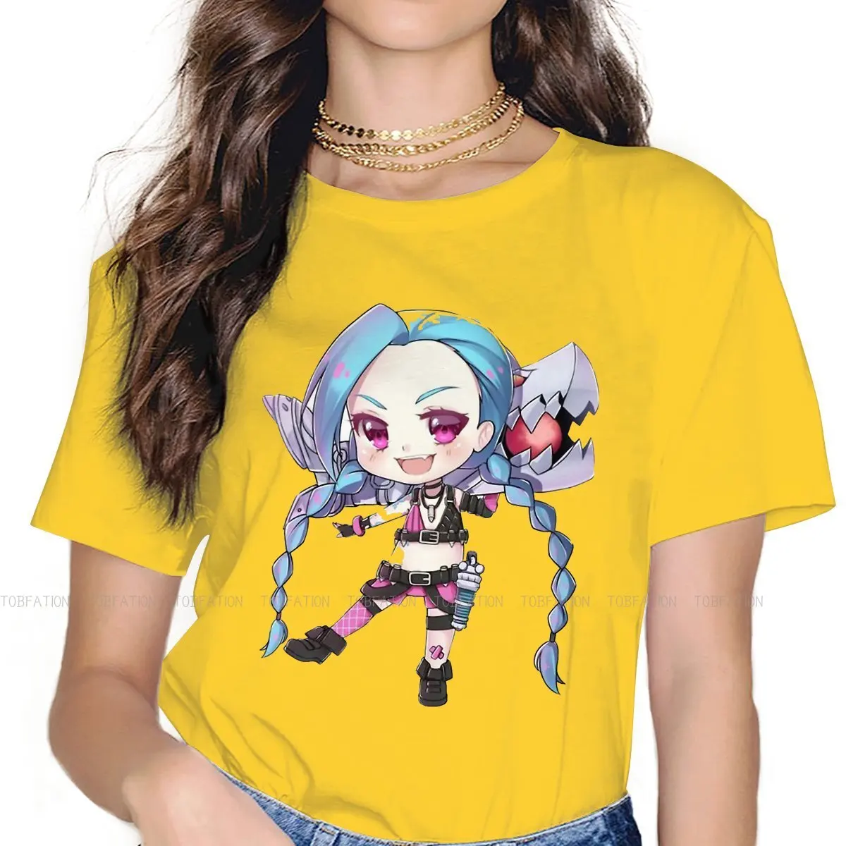 

Bubbly Jinx Hipster TShirts Arcane League of Legends LOL Anime Woman Pure Cotton 4XL T Shirt Round Neck Big Size