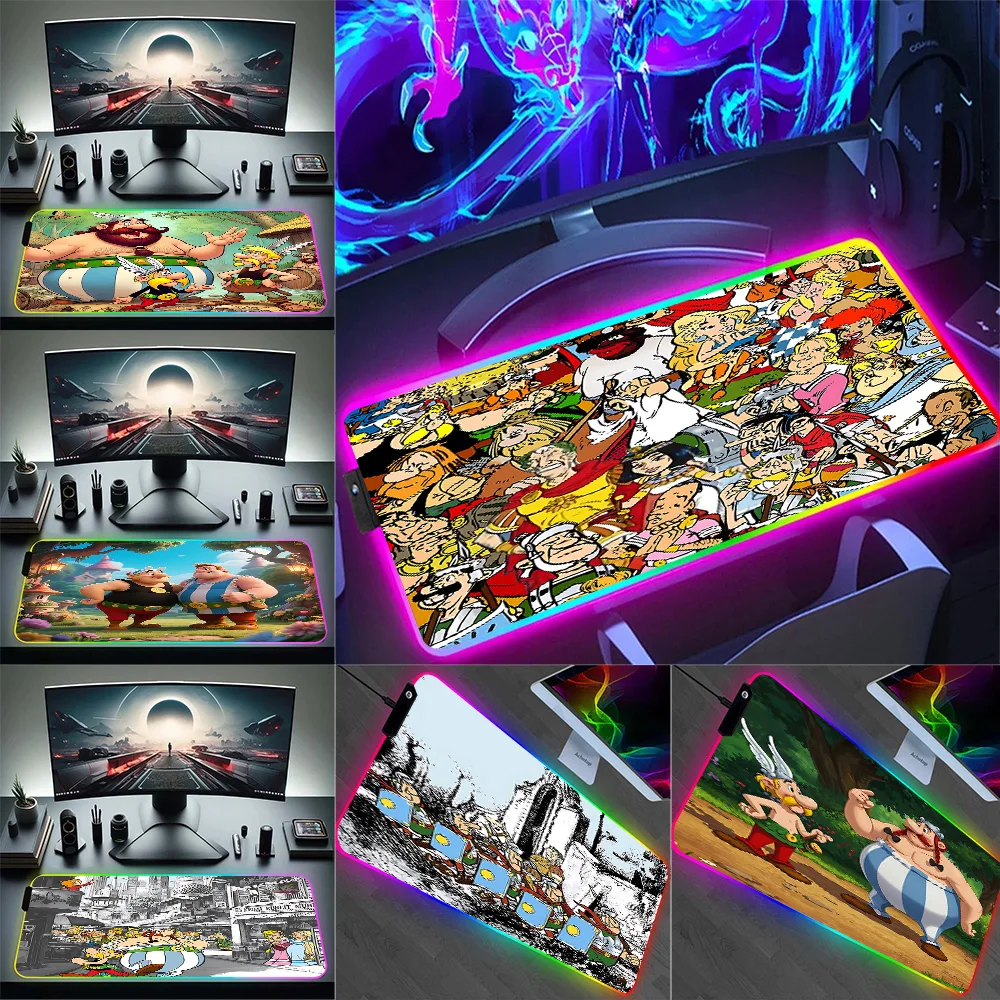 Фото Аниме-коврик для мыши RGB AsterixS & O-ObelixS для ПК-геймеров, светящийся LED коврик для мыши, резиновый игровой компьютерный коврик для мыши №1