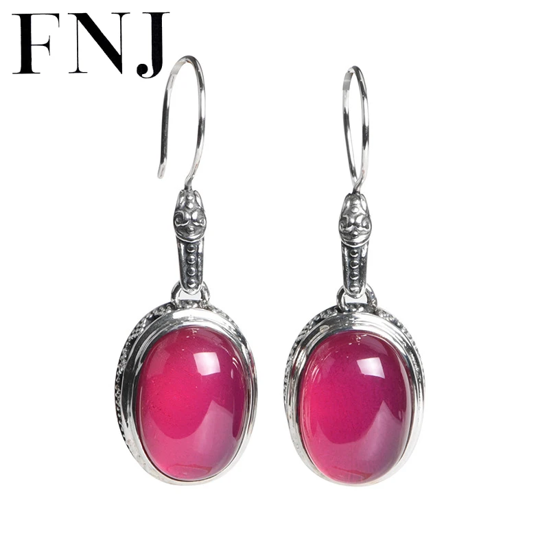 

FNJ Oval Drop Earrings 925 Silver Original Pure S925 Sterling Silver Earring for Women Jewelry Rose Corundum