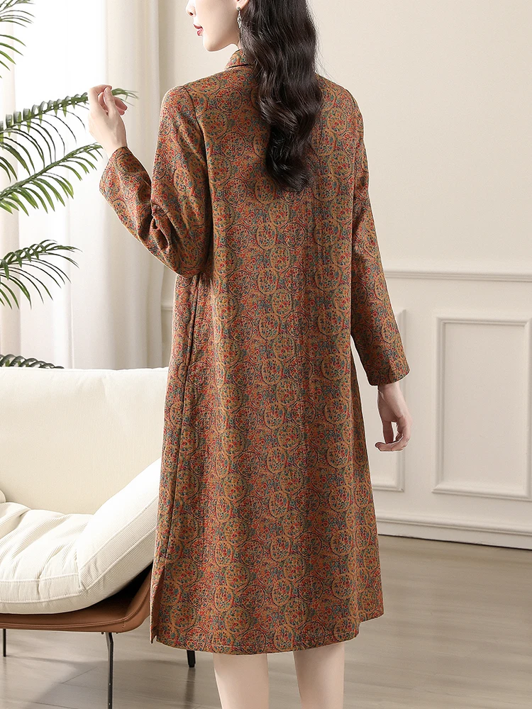 Middle-Aged Mom Temperament Dress Women 2024 Fashion New Autumn clothes Small Lapel Print Retro Sense Midi dress