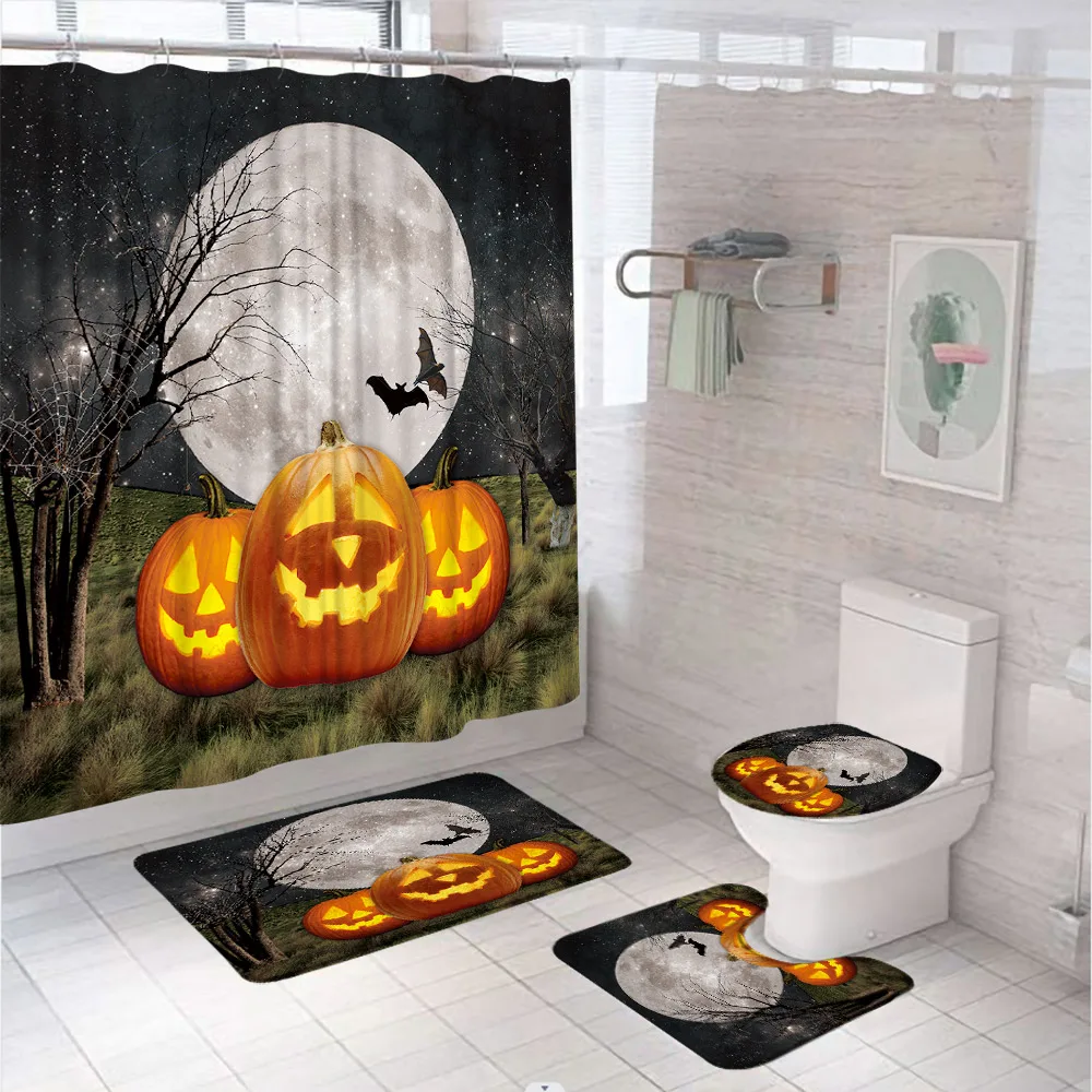 

Halloween Night Pumpkin Moon Shower Curtain Sets Horror Bat Starry Sky Bathroom Accessories Non-Slip Bath Mats Rug Toilet Cover