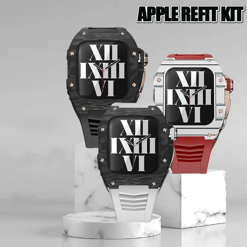 

Luxury Carbon Modification Kit Bezel for Apple Watch Series 8 7 45mm 6 5 4 SE 44mm Refit Mod Kit Metal Steel Band for IWatch 8