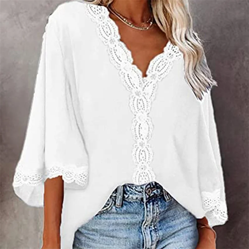 

Casual Loose Lace Patchwork Shirt Blouse Woman Spring Summer V-Neck Flared Sleeve Shirts Female 2022 Vintage Tops Tees
