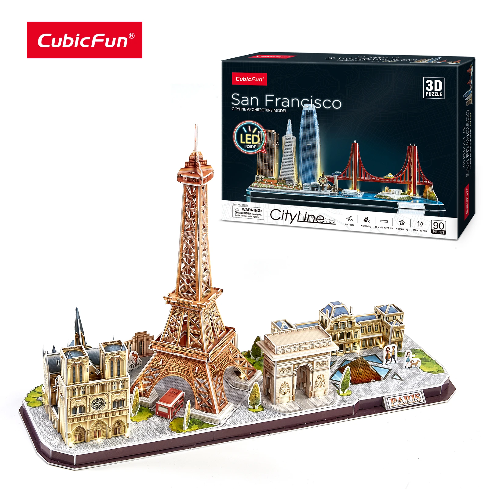 CubicFun 3D Puzzles LED France Paris Cityline Model Kits Eiffel Tower Notre Dame de The Louvre Building for Adults Kids |