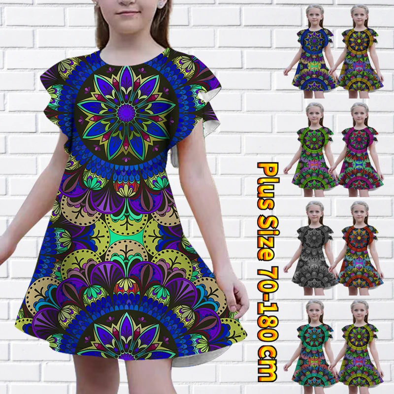 

2023 Summer Fashion Casual Princess Dress Girl Round Neck Loose Size Short Sleeve Skirt New Design Printing Knee-length Skirt