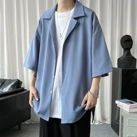 mens shirt seven sleeve solid color suit collar ice silk casual versatile summer tidal current streetwear surprise price