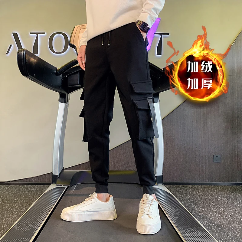 

Autumn Winter New Thick Warm Side Pockets Cargo Pants For Men Clothing 2022 Simple Slim Fit Casual Joggers Trousers Black 36-28