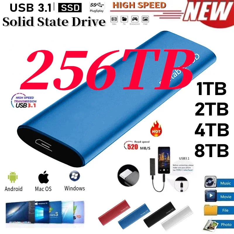 

Original 64TB Portable SSD Type-C USB 3.1 Hard Drive 2TB 4TB External SSD M.2 for Laptop/Desktop/Phones/mac Flash Memory Disk
