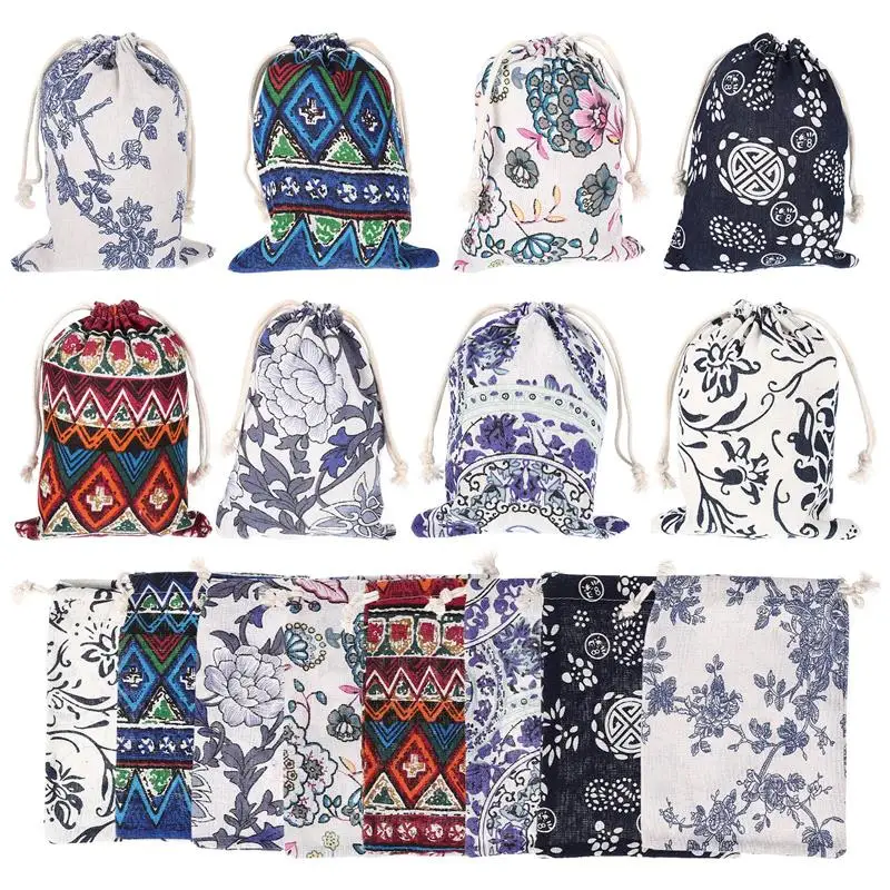 

24Pcs Gift Bags Jewelry Pouches Drawstring Bags Small Jewelry Storage Bags Hemp Printed Bundle Mouth Drawstring Gift Bag