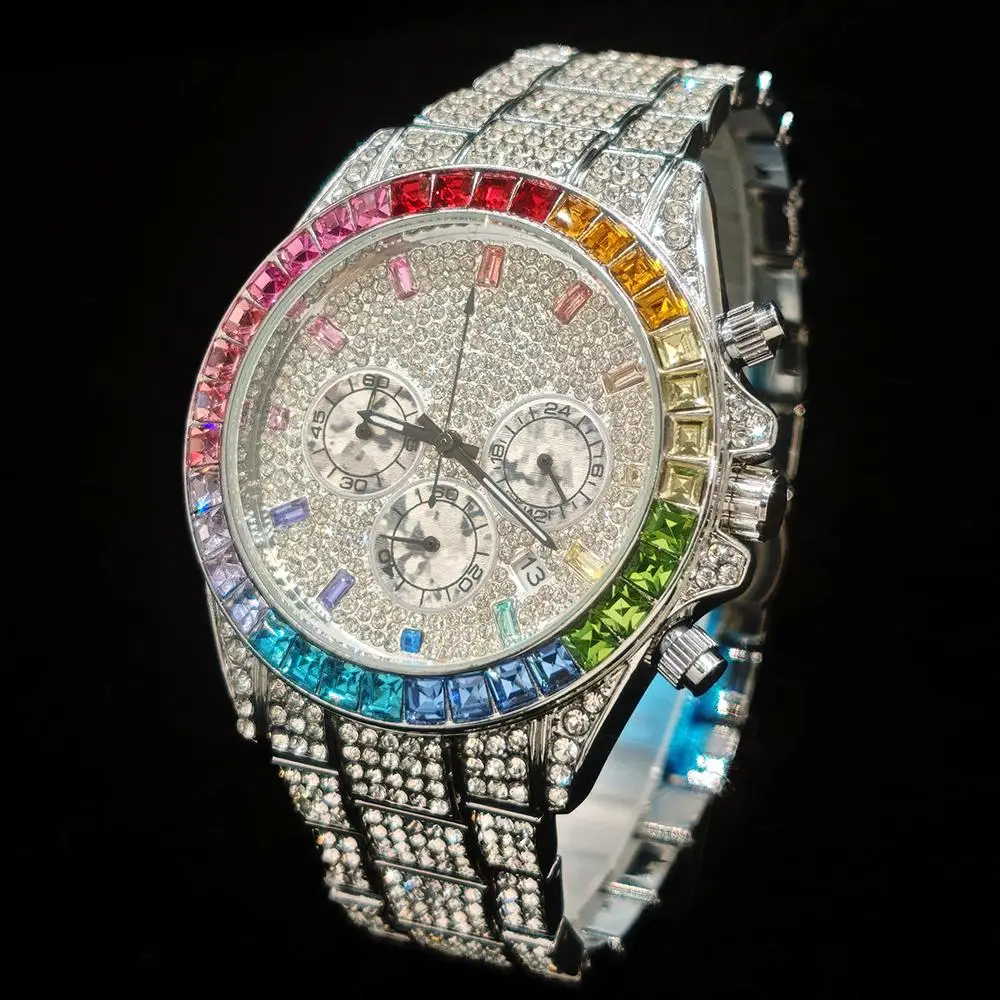 Фото Модные часы со льдом, мужские брендовые часы UNIGUET, роскошные кварцевые наручные часы из нержавеющей стали в стиле хип-хоп с радужными бриллиантами, мужской подарок, дропшиппинг №5