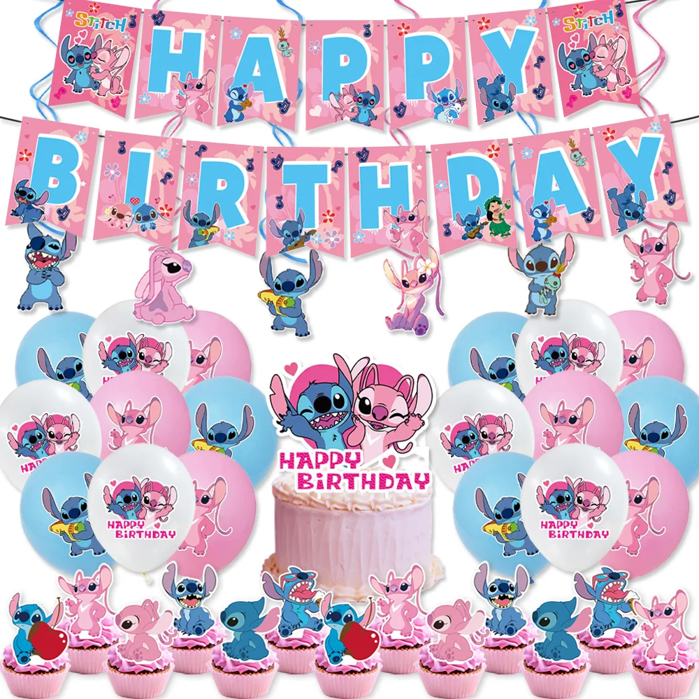 Disney Pink Stitch Theme Birthday Party Decorations Baby Shower Disposable Tableware Set Balloon Flags Caketoppers