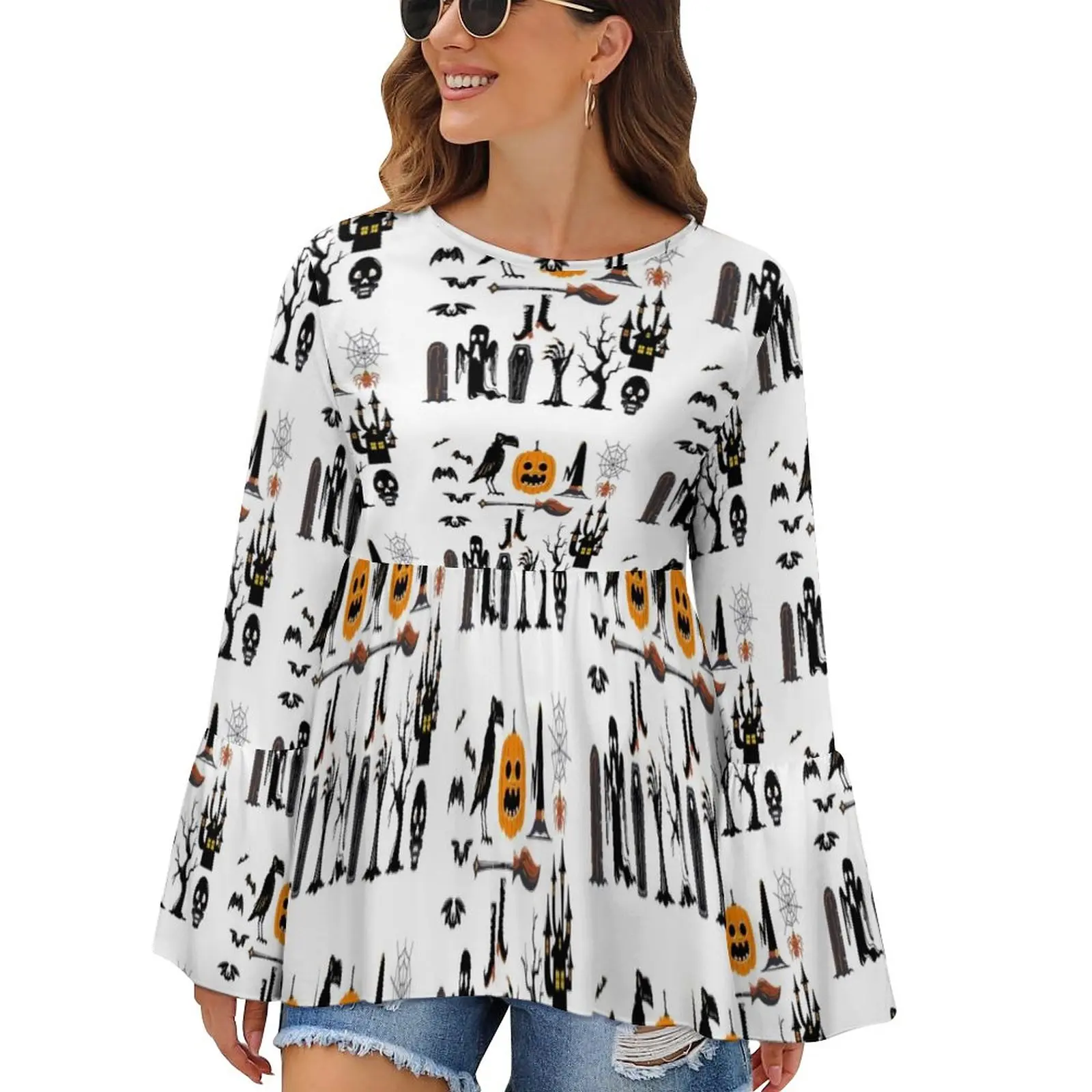 

Halloween Pumpkin T-Shirt Halloween Women Trendy Summer T Shirt Graphic Long Sleeve Tee Shirt