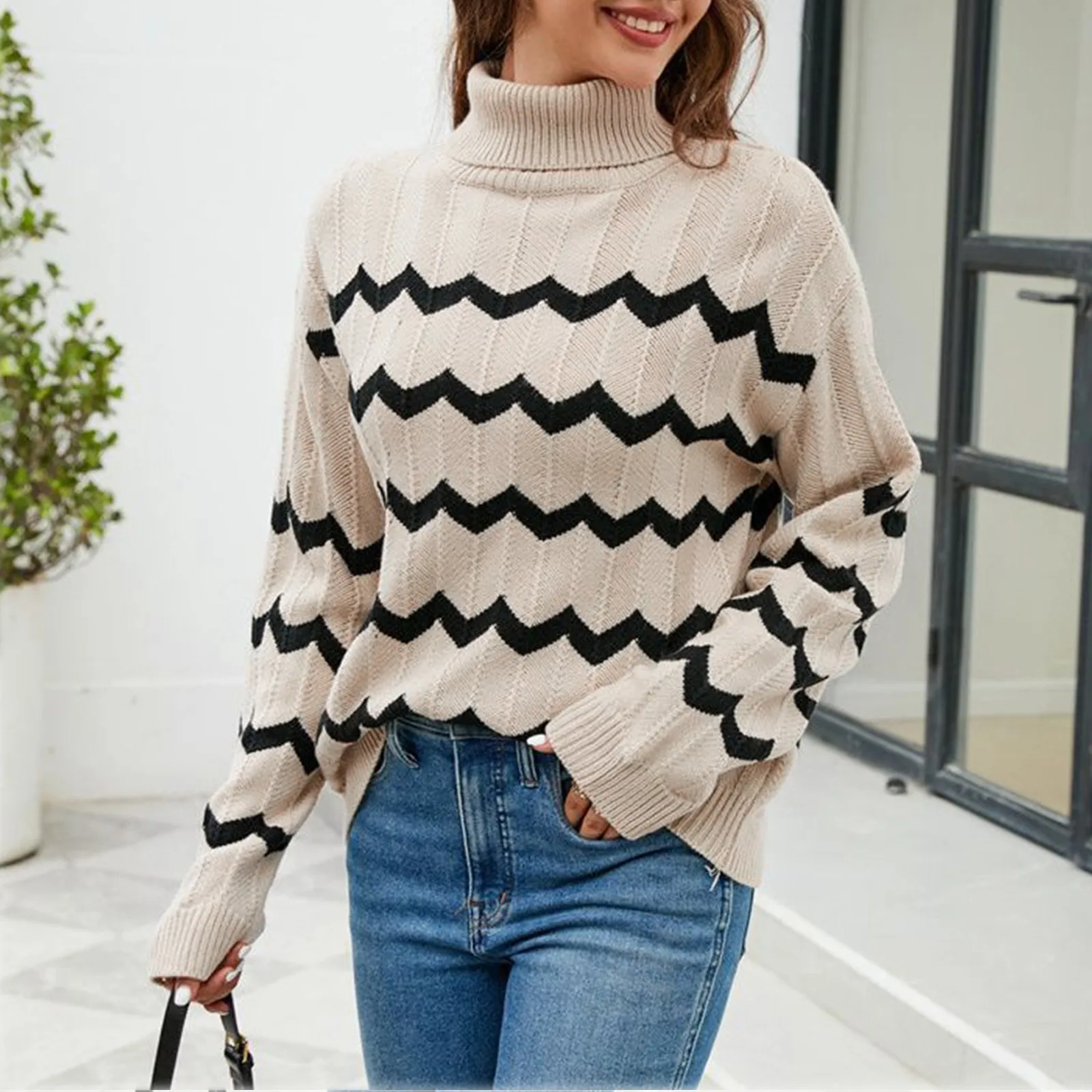 

Женский свитер в контрастную полоску, осенне-зимний теплый свитер с высоким воротником, рубашка, Простой Трикотажный свитер для женщин