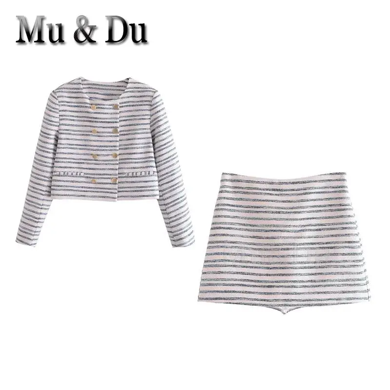 

Mu&Du 2023 New Spring Women's Short Tweed Blazer Chic Stripe Coats Female Office Suit Jacket Outwear + High Waist Skirt Culottes