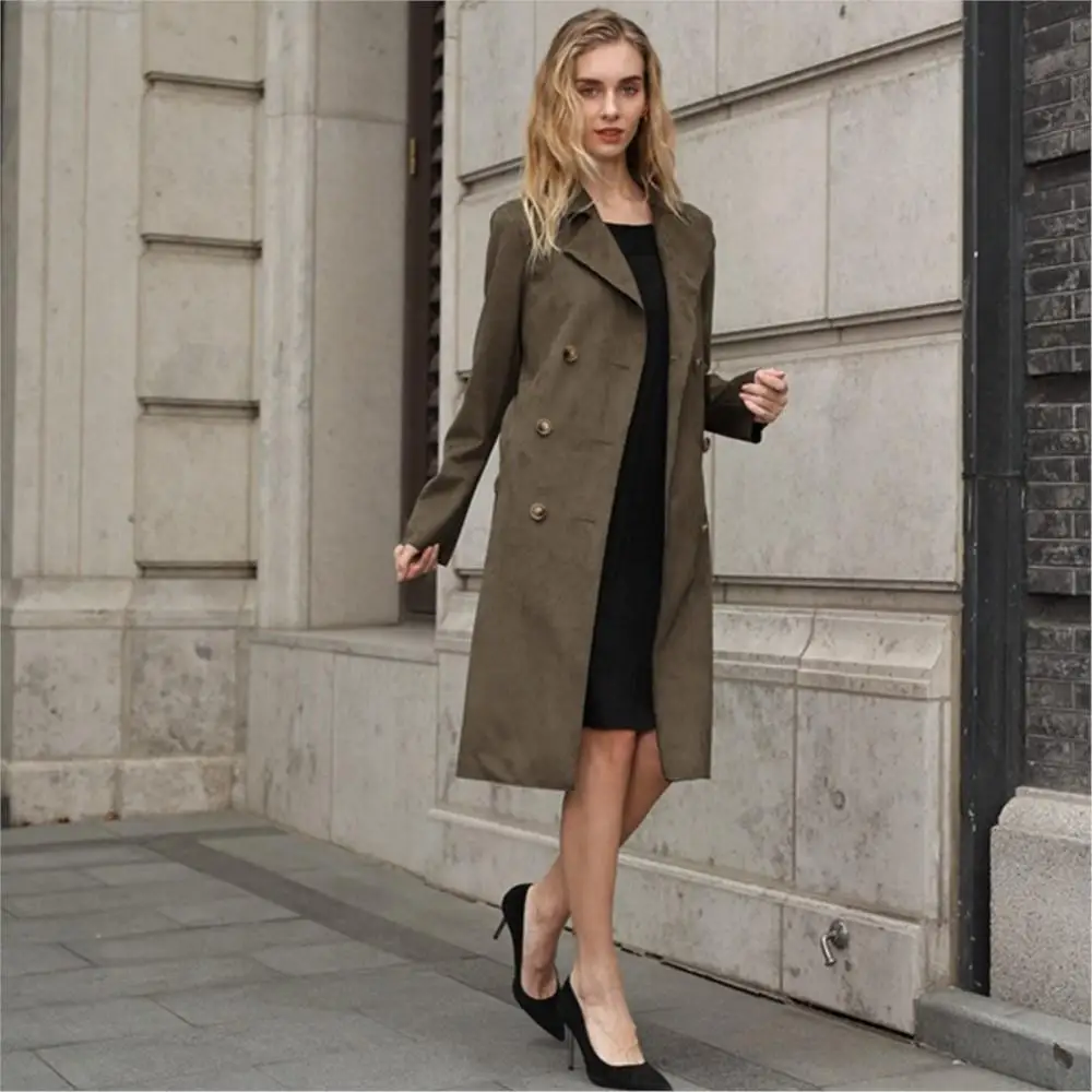 Women Winter Fashion Real Suede double-breasted Coat Long With Belted Pure Color Windbreaker Leisure Lapel Loose Jacket