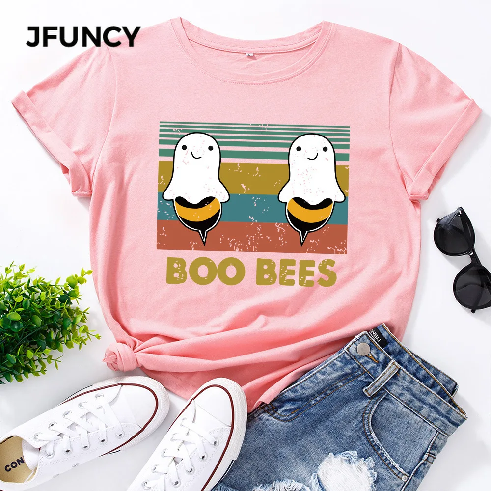JFUNCY 100% Cotton Women's T-shirt Cute Creative Bee Print Graphic Tees Female T Shirt Women Tops Short Sleeve Tshirt