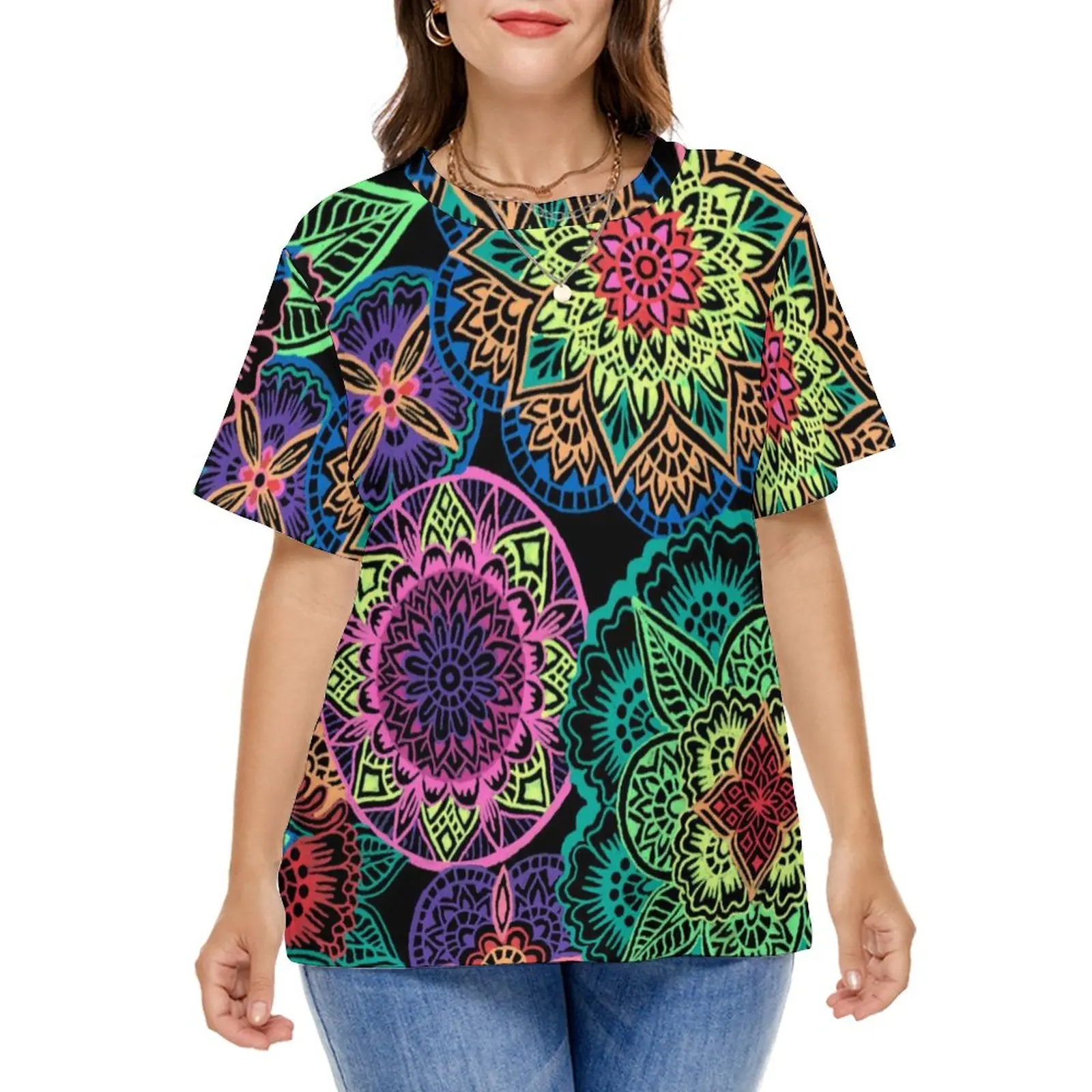 

Neon Mandala T-Shirt Colorful Floral Print Elegant T Shirts Short-Sleeve Street Wear Tees Female Summer Tops Plus Size 5XL 6XL