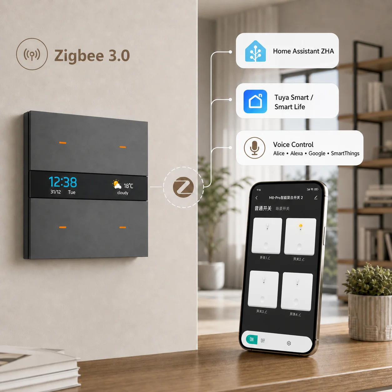 Умный выключатель M8 Pro Tuya Zigbee 4 клавиши для электрического света, экран времени и температуры, удалённое управление Smart Life App и голосом, Home Assistant, дом, отель, вилла (art.: 3920daea946ea) - 3920daea946ea