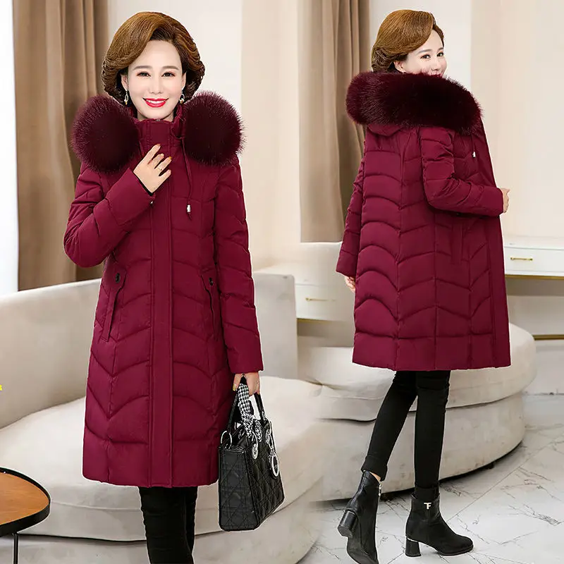 

Middle-aged Mother Winter Coat Thicken Slim Cotton Padded Jacket Windproof Female Warm Fur Collar Hooded Parkas Outwear 6XL E574