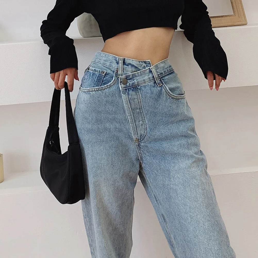 

Vintage 90s Women Straight Leg Jeans Asymmetric Waist Loose High Waist Jeans Fashion Casual Women Summer Denim Pants