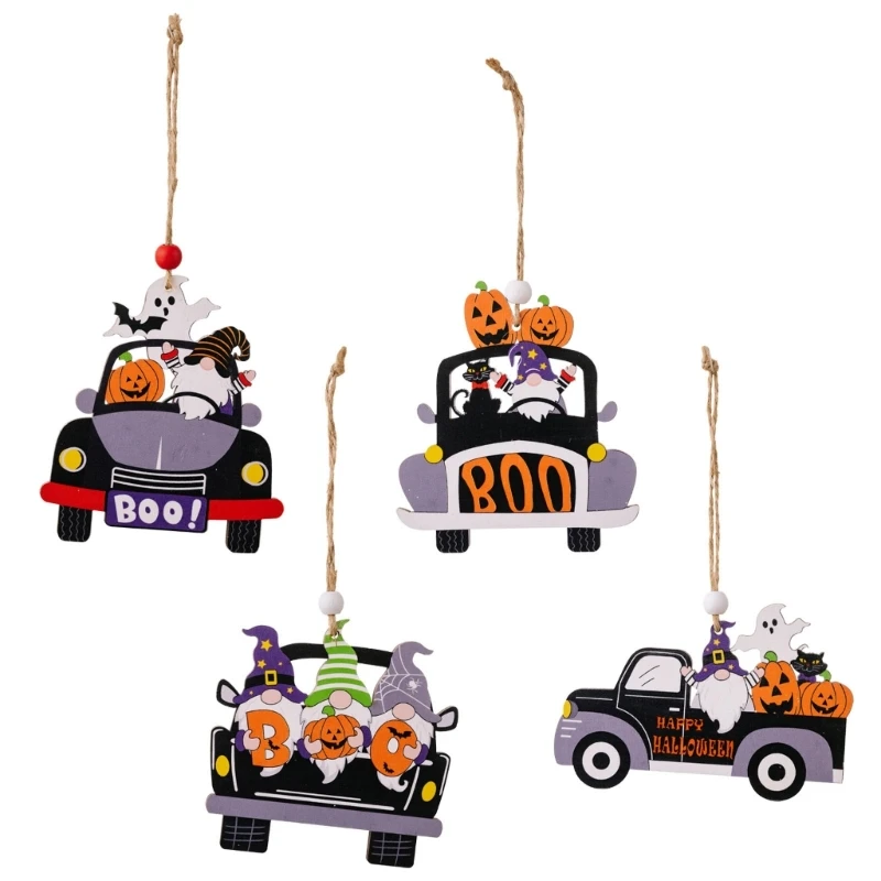 

Wood Halloween Tree Ornaments Gnomes Ghost- Pumpkin Truck or Treat Boo Hanging- Wood Ornaments Pendant for Halloween Car