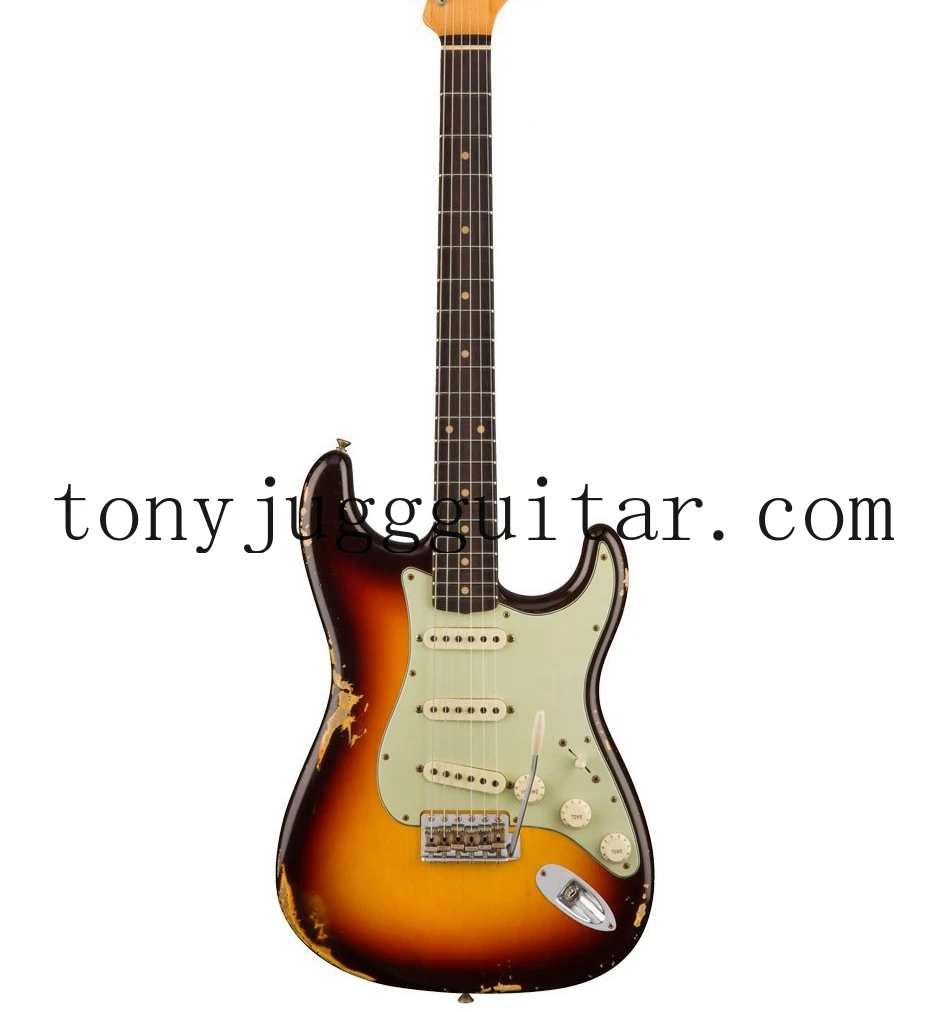 

Custom 1960 Relic Chocolate 3-Tone Sunburst Strat электрогитары с тремоло-Бридж & Whammy Bar, винтажные тюнеры, V Выгравированная Шейная пластина