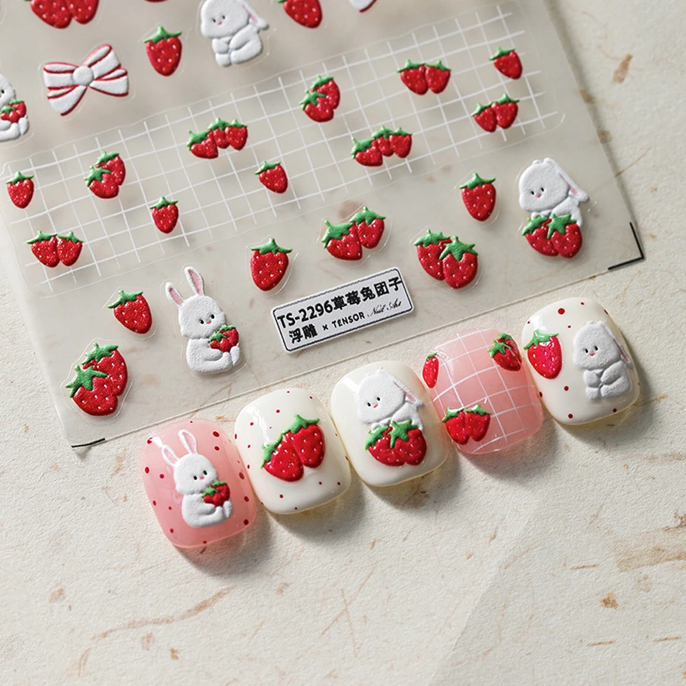 

Cartoon Series Embossed Nail Art Sticker Strawberry Bunny Pattern Design Ultra-thin Charm Sliders Manicure Decals Nails Supplies