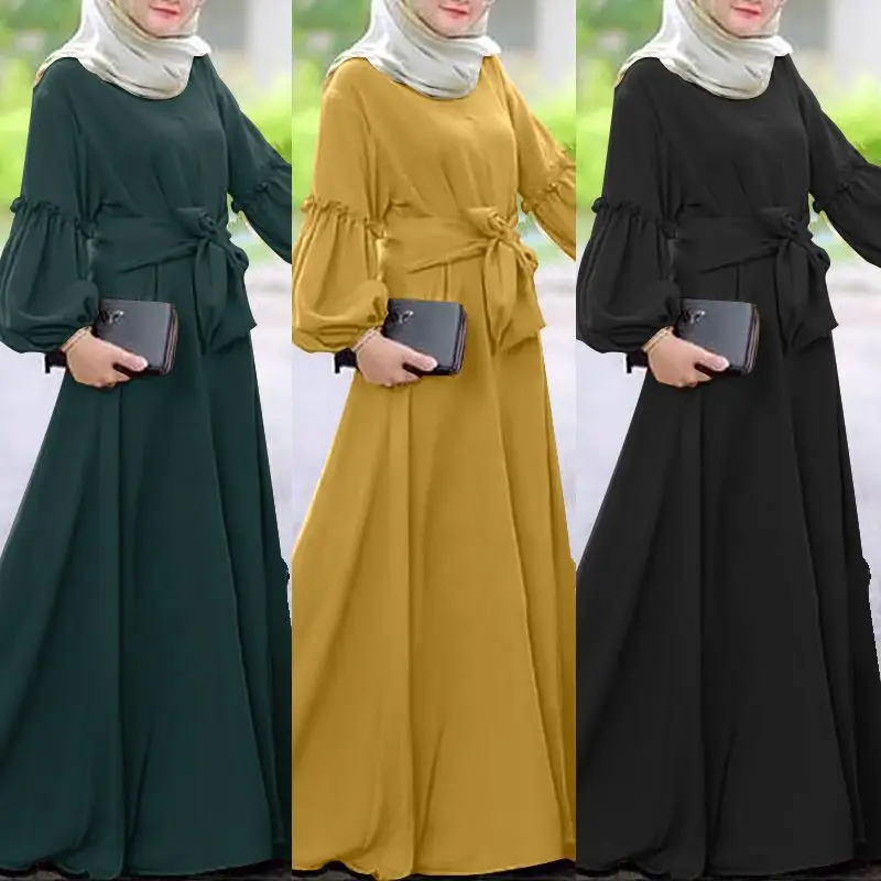 Женское мусульманское платье, однотонное платье с длинным рукавом и оборками, мусульманская абайя Дубай, платья, абайя s для женщин