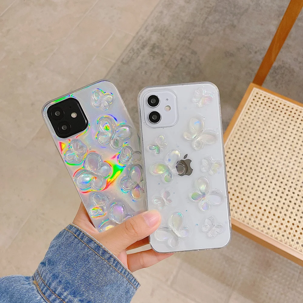 

3D Butterfly Cute Gradient Colorful Transparent Soft Case For iPhone 14 13 12 11 Pro Max Silicon Luxury Shockproof Soft Cover