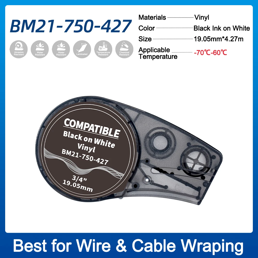 

10 упаковок, виниловые этикетки M21 750 427, совместимы с принтером BMP21 PLUS, черные на белые, фотообои 19,05 мм * 4,27 м для кабельной обмотки