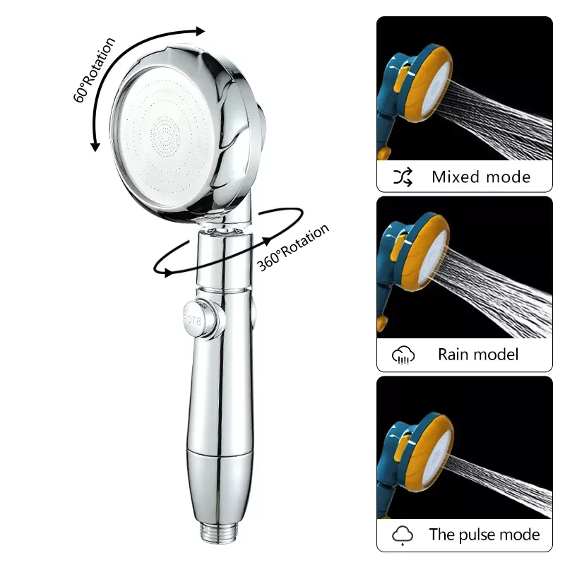 

Water Saving Shower Head Flow Pressurized 3 Modes With One Key Stop ABS Rain High Pressure spray Nozzle Bathroom Accessories