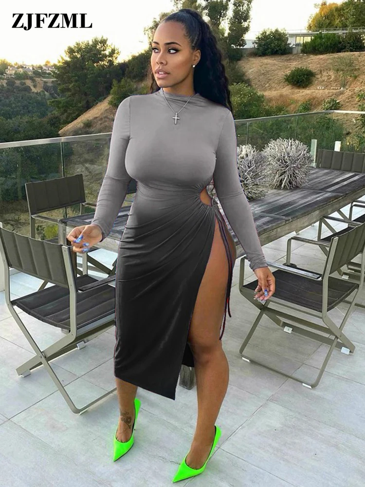 

Женское базовое платье с градиентом, облегающее длинное платье с длинным рукавом, круглым вырезом, высоким разрезом и поясом