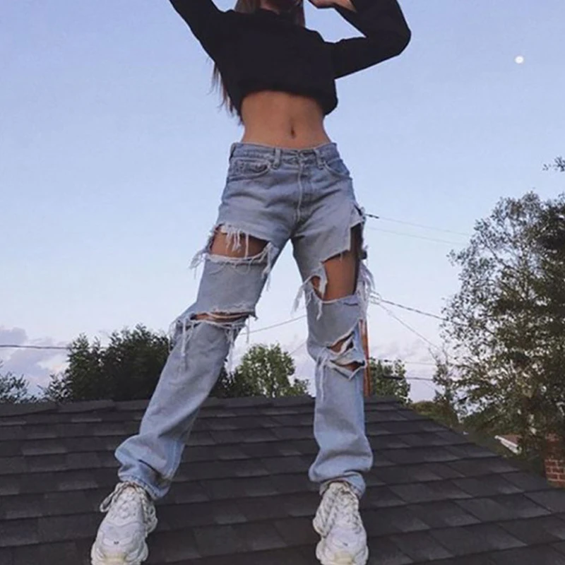 

Jeans Women Ripped Straight Leg Full Length Vintage Streetwear Baggy Denim Pants Causal Denime Hole Loose Female Trousers