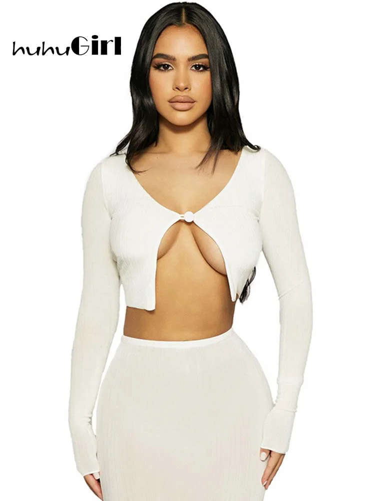 

Huhugirl 2022 Summer Sexy Women's Tracksuits Crop Tops and Sheath Skirts Suits Hollow Out V-Neck Solid Female Sets Two Pieces