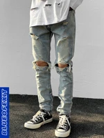 blueofexit classic style hole zipper jeans kanye high street style trendy man clothes for all purpose black slim skinny jeans