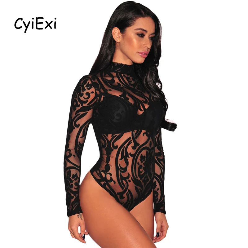 

CyiExi Black Sheer Mesh Sexy Bodysuit Woman Print Turtleneck Long Sleeve Bodysuit Bodycon Jumpsuit Female Club Tops Body Clothes