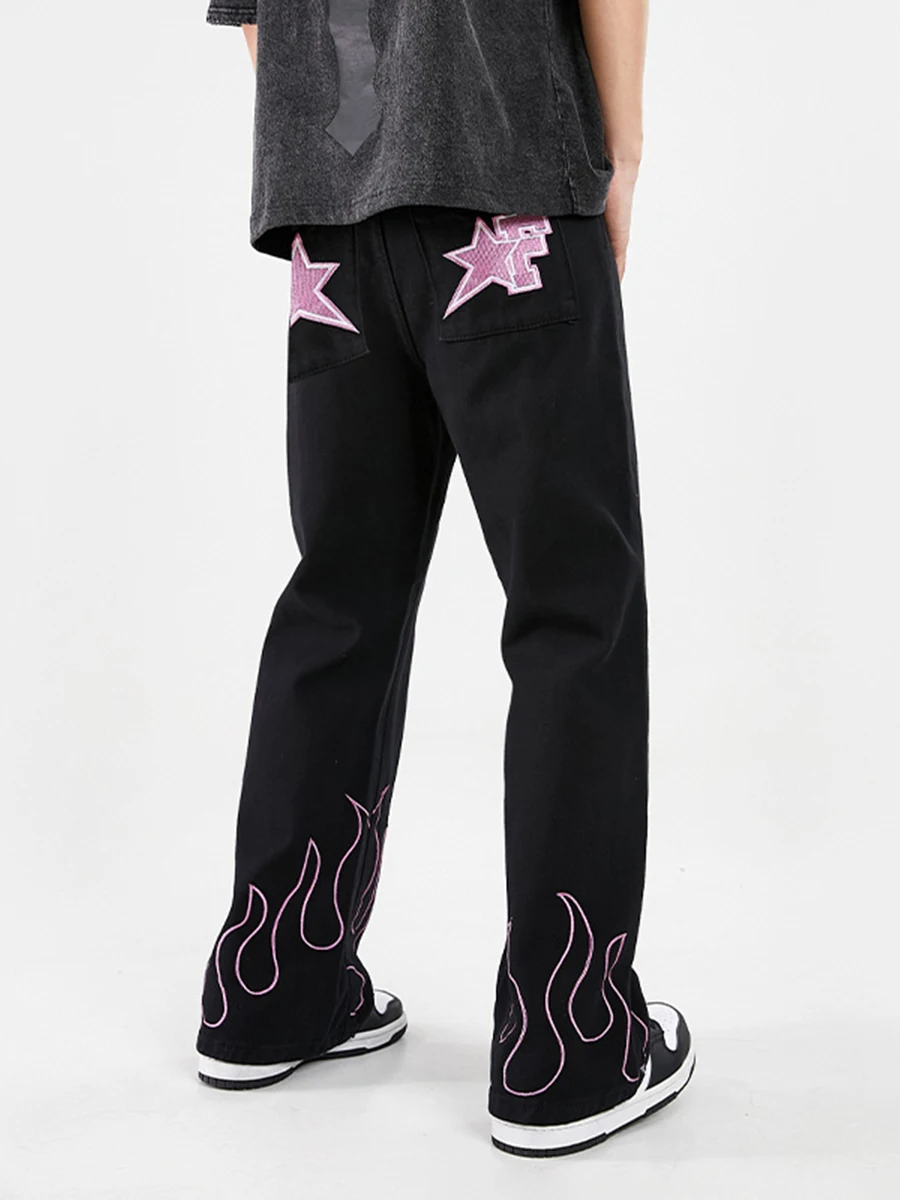 Four Seasons Men's Jeans Trend Flame Pattern Embroidery Unisex Micro-Flare Loose Wide Leg Trousers Streetwear Men's Ins Hot Sale