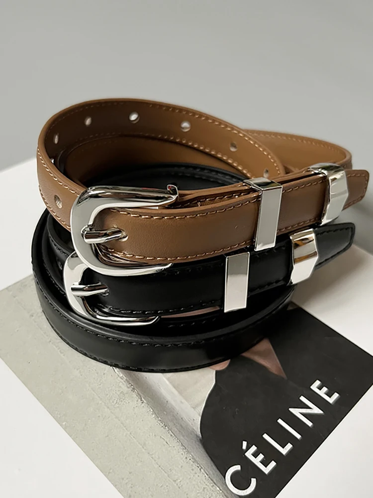 

DEAT Fashion Women's PU Leather Belt Metal Bayonet Narrow Double-deck Leather High-quality Pair With Dress Belt 2023 New 17A5848