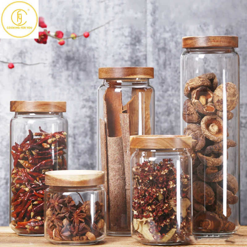 

350/650/950/1250/1550ml Glass Round Food Storage Jar with Wooden Lid Coffee Beans Tea Grains Canister Home Snacks Storage Tank