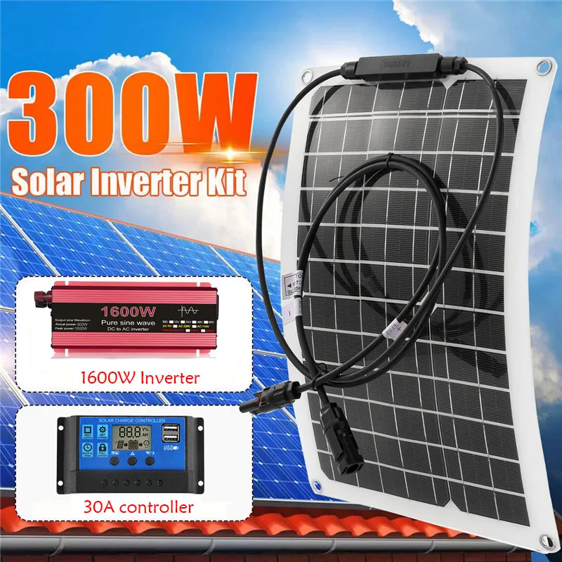 Cena 300W Panel Słoneczny 1600W Solar System Zasilania Zestaw Baterii ładowarka 12V Do 220V Czysta Fala Sinusoidalna Przetwornica Kompletny Wytwarzanie Energii