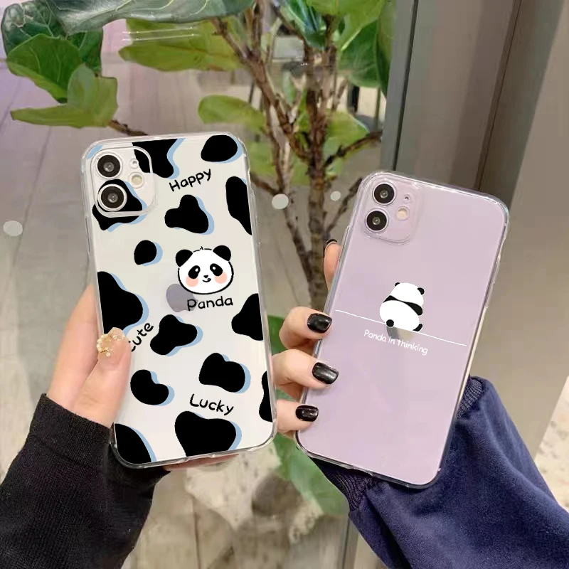 

Cute Cartoon Panda For Apple iPhone 13 12 11 Pro Mini X XR XS Max SE 6 6S 7 8 Plus Clear Phone Case Liquid Silicon Black TPU