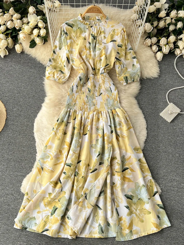 

Вечерние платья, новинка, женское платье с длинным рукавом и цветочным принтом на талии, Длинные свободные платья в этническом стиле, уличная одежда