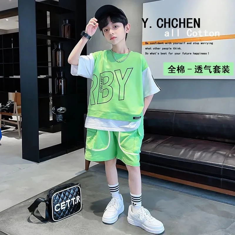 

Cotton Boys' Clothing Set Summer Sports Set 2023 New Teenage Children's Loose Short Sleeve T-shirt Shorts Set
