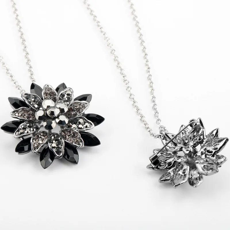 Ожерелье с черным далием винтажная подвеска цветком и кристаллами значок для