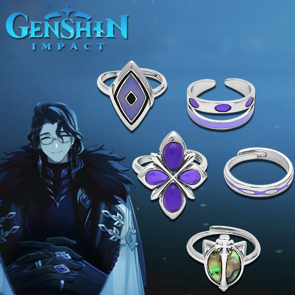 

Genshin Impact Regrator Pantalone Cosplay Rings Set Game Characters Same Adjustable Metal Ring For Fans Props Jewelry With Box