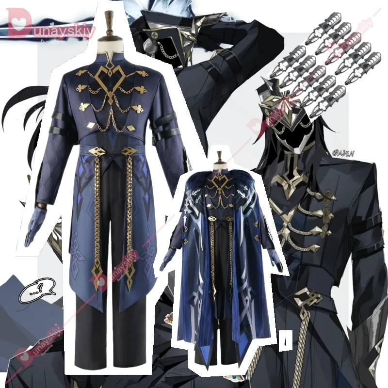 II Capitano Cospaly Genshin Impact Eleven Fatui Harbinger Костюм Плащ Щит Черная Униформа Хэллоуин